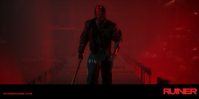 Still from Ruiner: Cyborg man with "kill you" repeatedly displayed on a digital mask